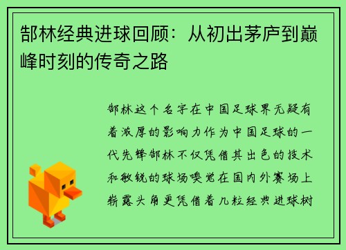 郜林经典进球回顾：从初出茅庐到巅峰时刻的传奇之路