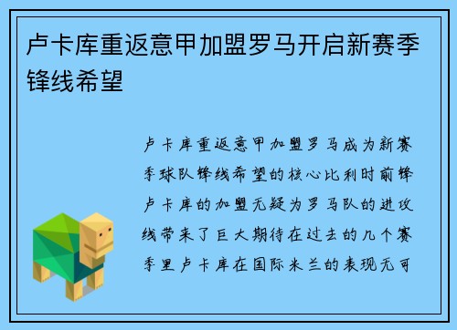 卢卡库重返意甲加盟罗马开启新赛季锋线希望