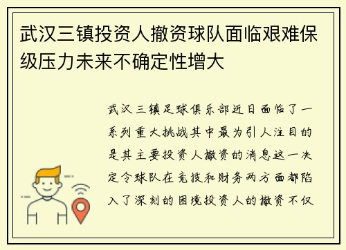 武汉三镇投资人撤资球队面临艰难保级压力未来不确定性增大
