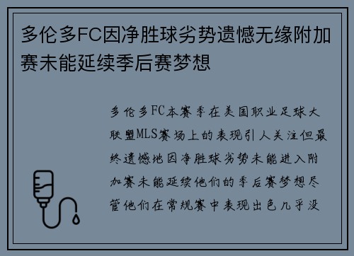 多伦多FC因净胜球劣势遗憾无缘附加赛未能延续季后赛梦想